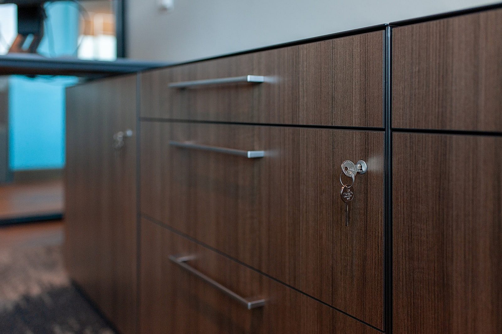Close up of cabinets with wood veneer and stainless steel cabinet hardware and lock and key